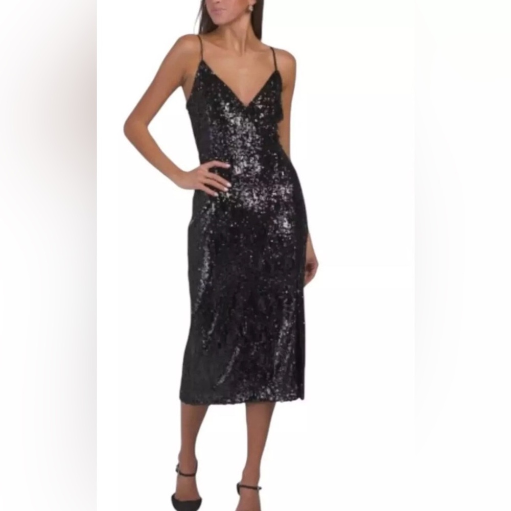 Ramy Brook Black sequins Leanne dress Sheath Midi Dress v-Neck  size 12